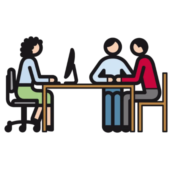 Metacom-Symbol für eine Beratung: Drei Leute sitzen an einem Tisch und reden miteinander