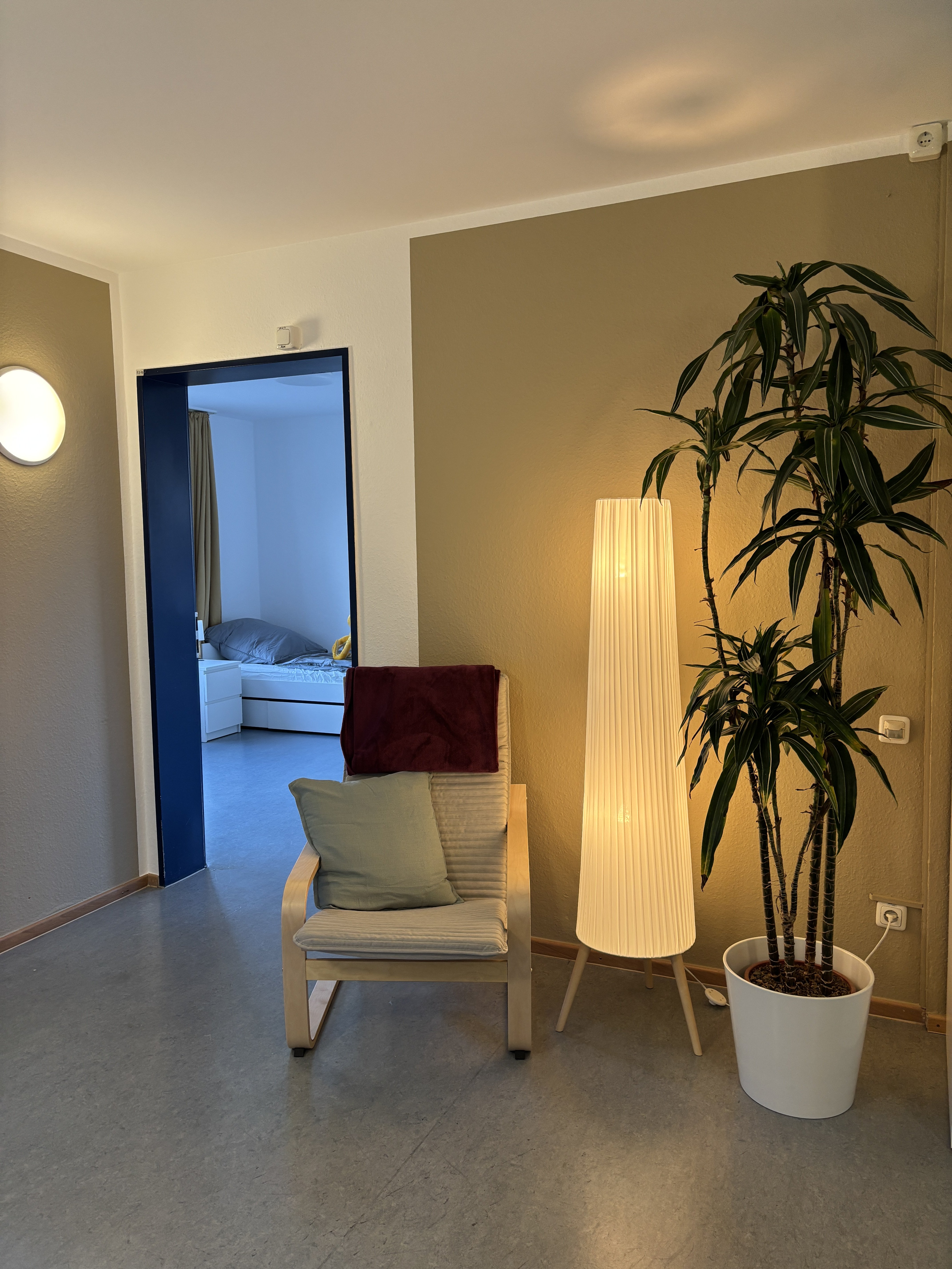 Gemütliche Ecke mit Schwingsessel, Lampe und Pflanze