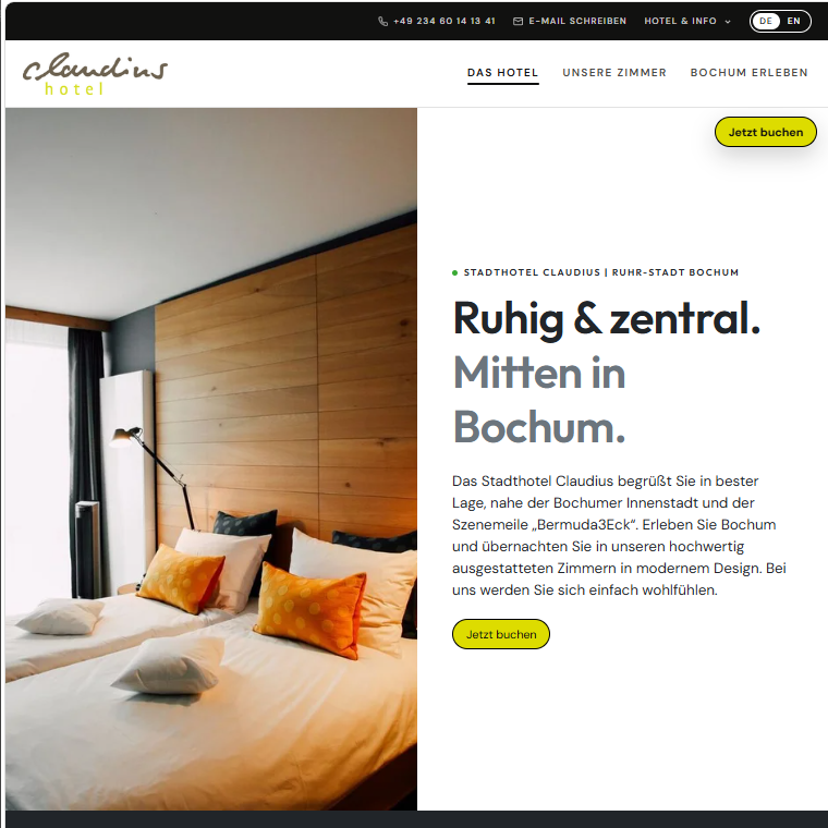 Screenshot von der neuen Website des Hotels Claudius: links das Bild von einem Zimmer, rechts Informationen zum Hotel