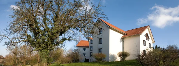 Weißes Haus mit rotem Dach, vor einem großen Baum unter blauem Himmel.