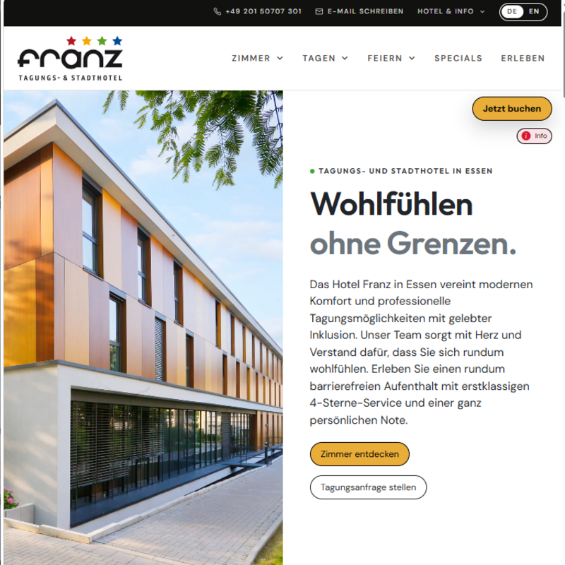 Screenshot von der neuen Website des Hotels Franz: links das Bild von der Fassade, rechts Informationen zum Hotel