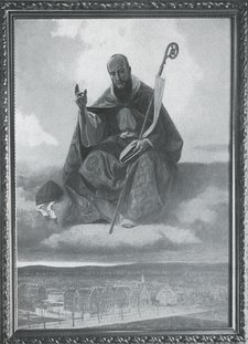 Im alten Eingang des Hauptgebäudes hängt ein Gemälde. Darauf sieht man den Heiligen Franz von Sales. Er sitzt auf einer Wolke über dem Franz Sales Haus.