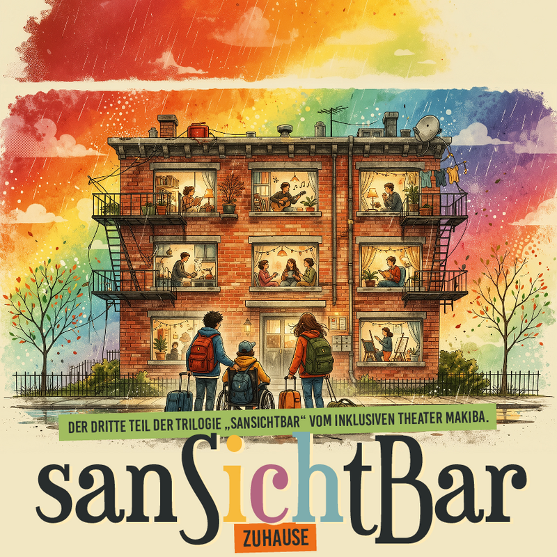 Illustration eines Hauses mit Bewohnern, Titel "sanSichtBar", Theaterplakat, bunte Farben.