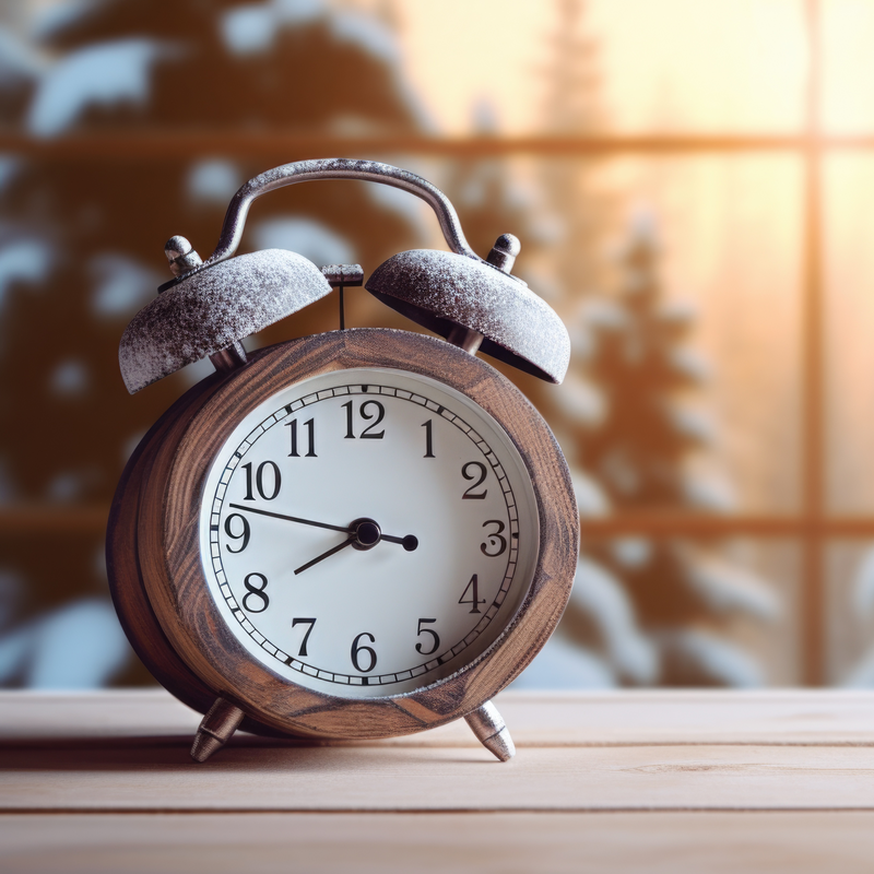 Alter Wecker auf Tisch, Hintergrund mit Schneetannen und Sonnenaufgang.