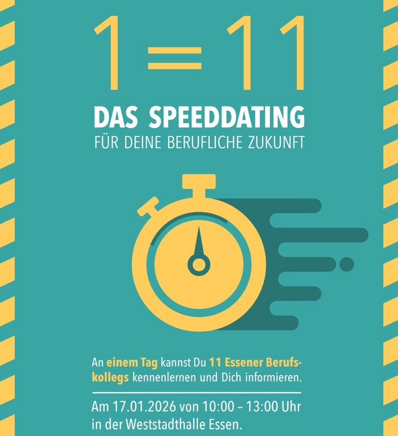 Plakat für die veranstaltung Speeddating. Es ist eine Stopuhr abgebildet.