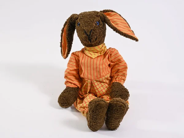 Plüschhase in orange gestreiftem Kleid sitzt auf weißem Hintergrund.