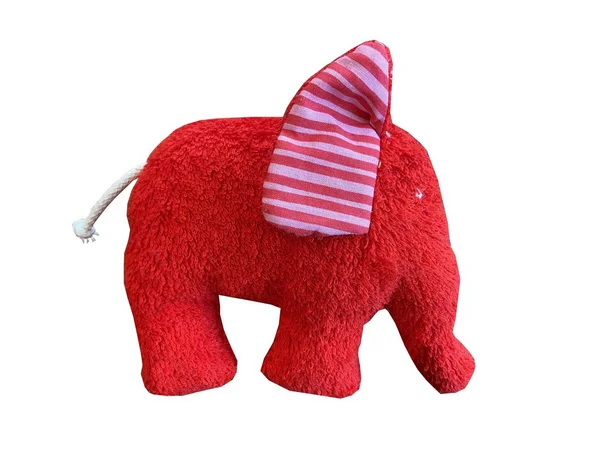 Roter Stoffelefant mit gestreiften Ohren und hellem Schwanz.