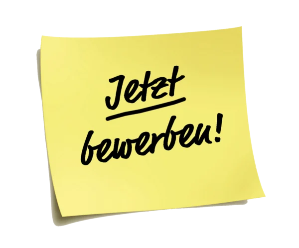 Gelber Notizzettel mit der Aufschrift "Jetzt bewerben!".