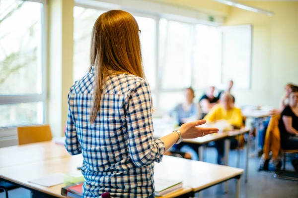 Lehrerin unterrichtet vor einer Klasse im Berufskolleg