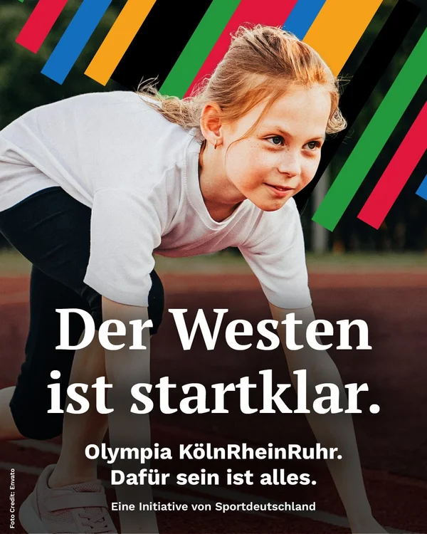 Ein Mädchen in Startposition auf einer Laufbahn, darauf der Text "Der Westen ist startklar"