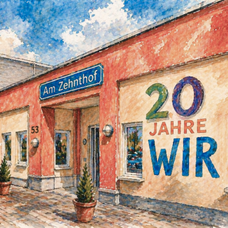 Bunt gezeichnete Ansicht der Werkstatt von außen mit dem Schriftzug "20 Jahre WIR"