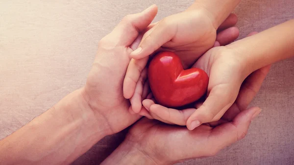 Vier Hände halten gemeinsam ein rotes Herz.