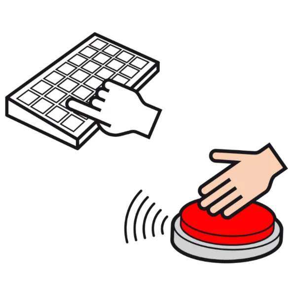METACOM-Grafiken von einem Finger, der auf eine Tastatur zeigt und einer Hand, die einen Buzzer drückt.