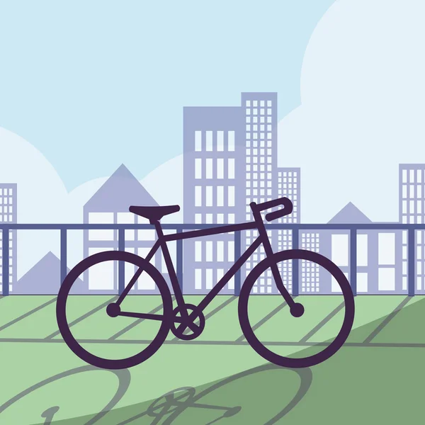 Fahrrad vor einer urbanen Skyline mit hohen Gebäuden.