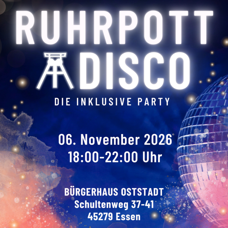Plakat der Ruhrpott-Disco mit Diskokugel und bunten Lichtern