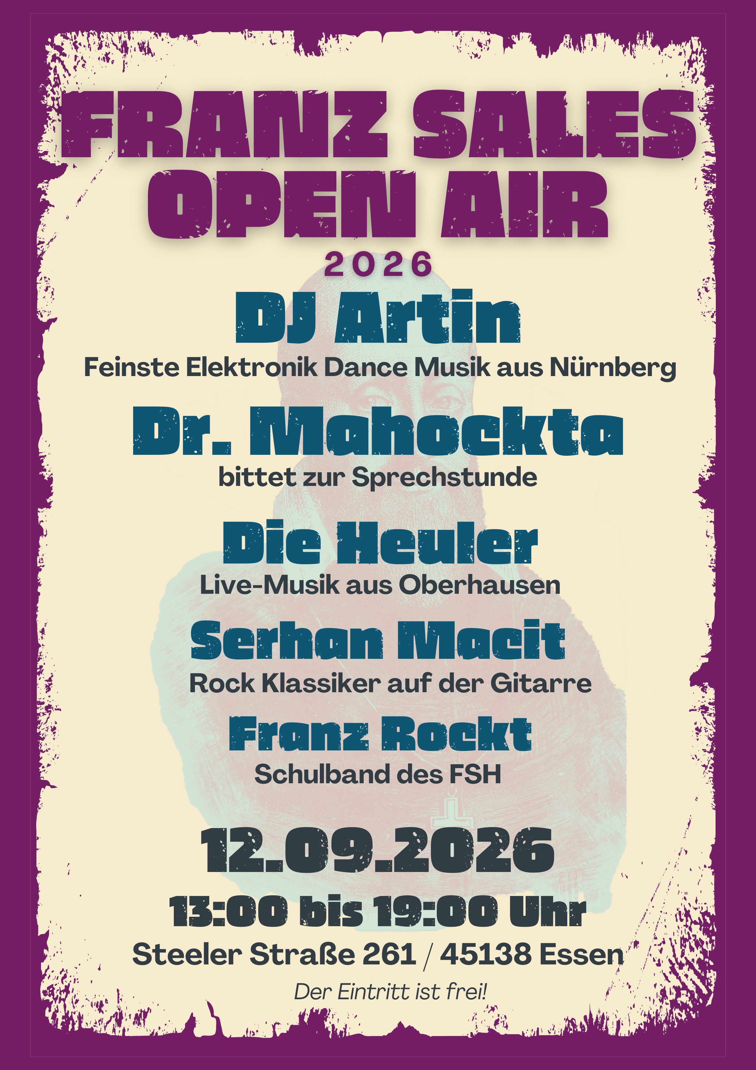 Plakat zum Franz Sales Open Air mit den Namen der teilnehmenden Bands