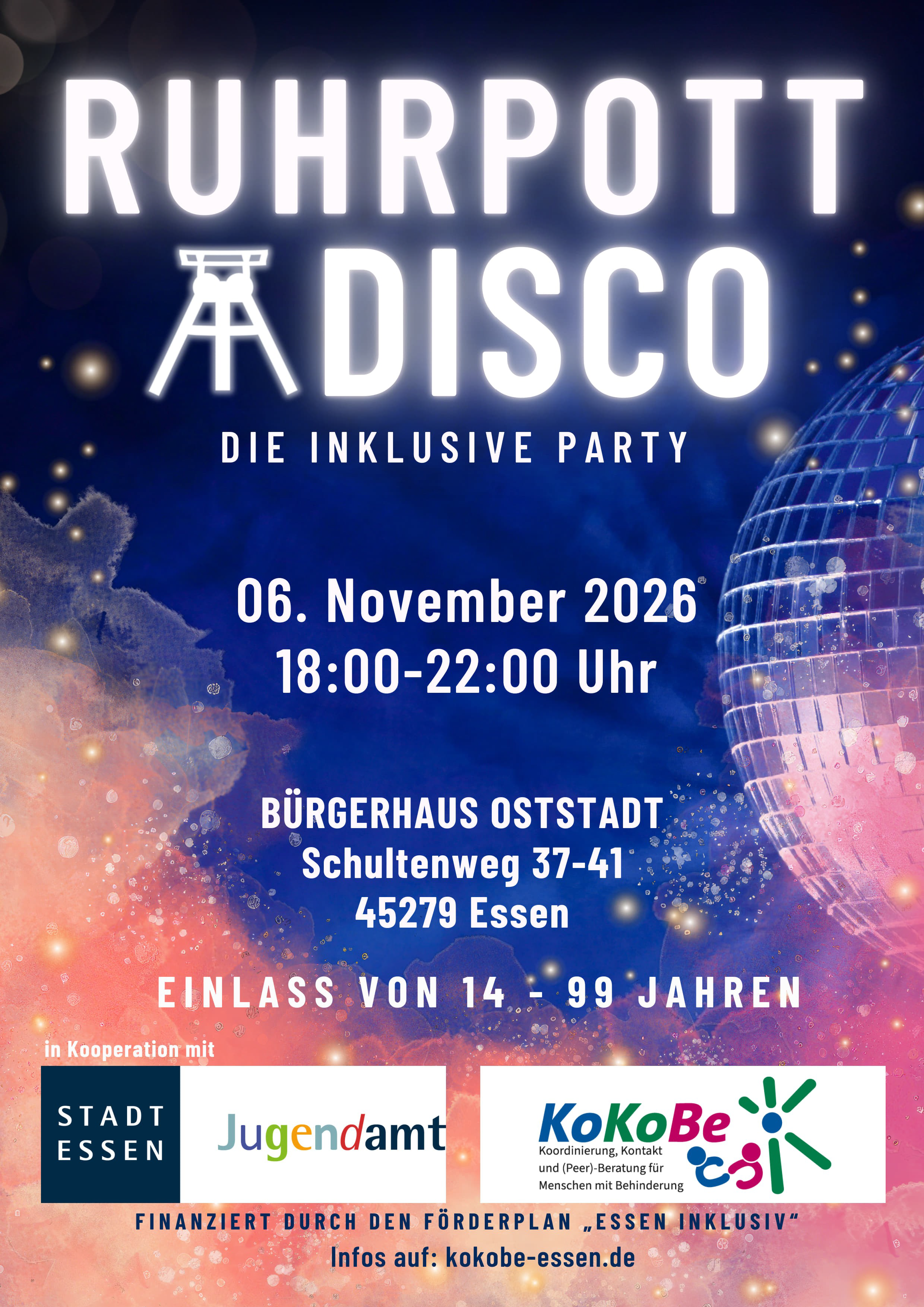Plakat der Ruhrpott-Disco mit Diskokugel und bunten Lichtern