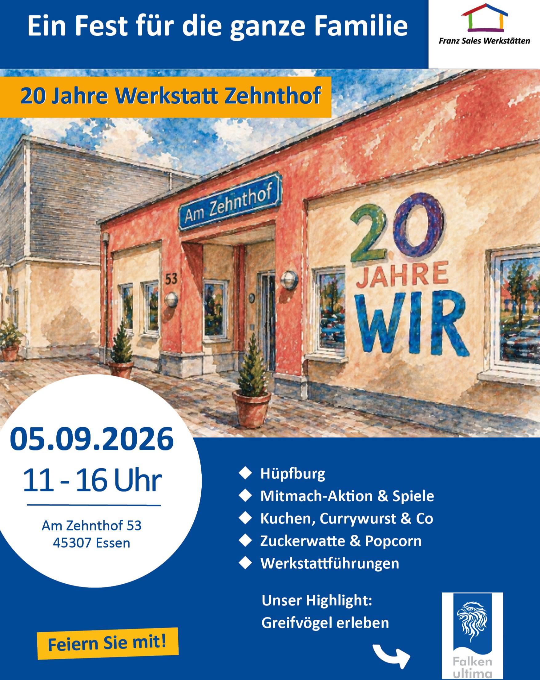 Plakat zu 20 Jahre Zehnthof mit gezeichnetem Bild der Werkstatt und Programmübersicht